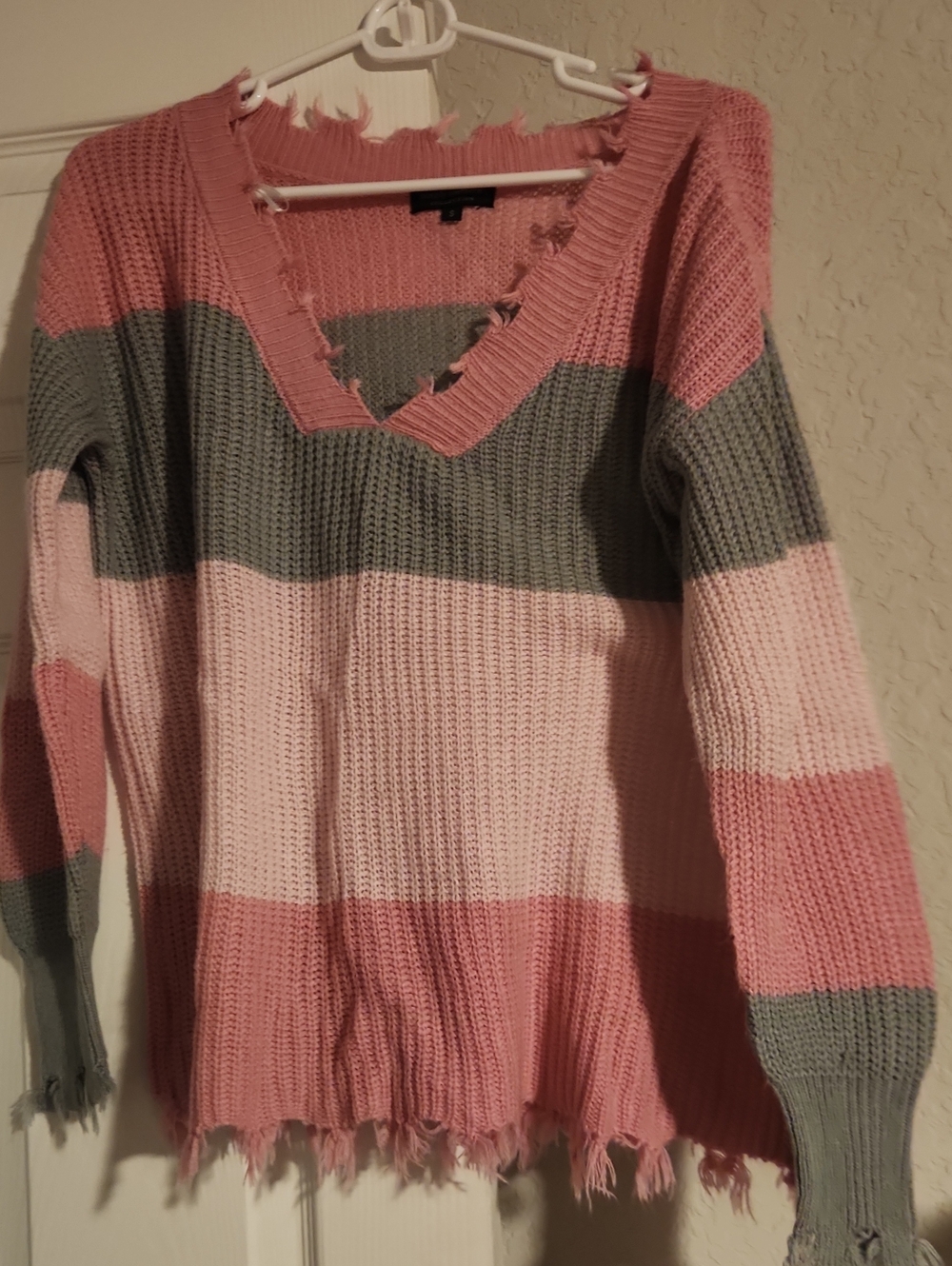 Simply Southern Chunky V-Neck Distressed Stripe Sweater - Pink/Gray